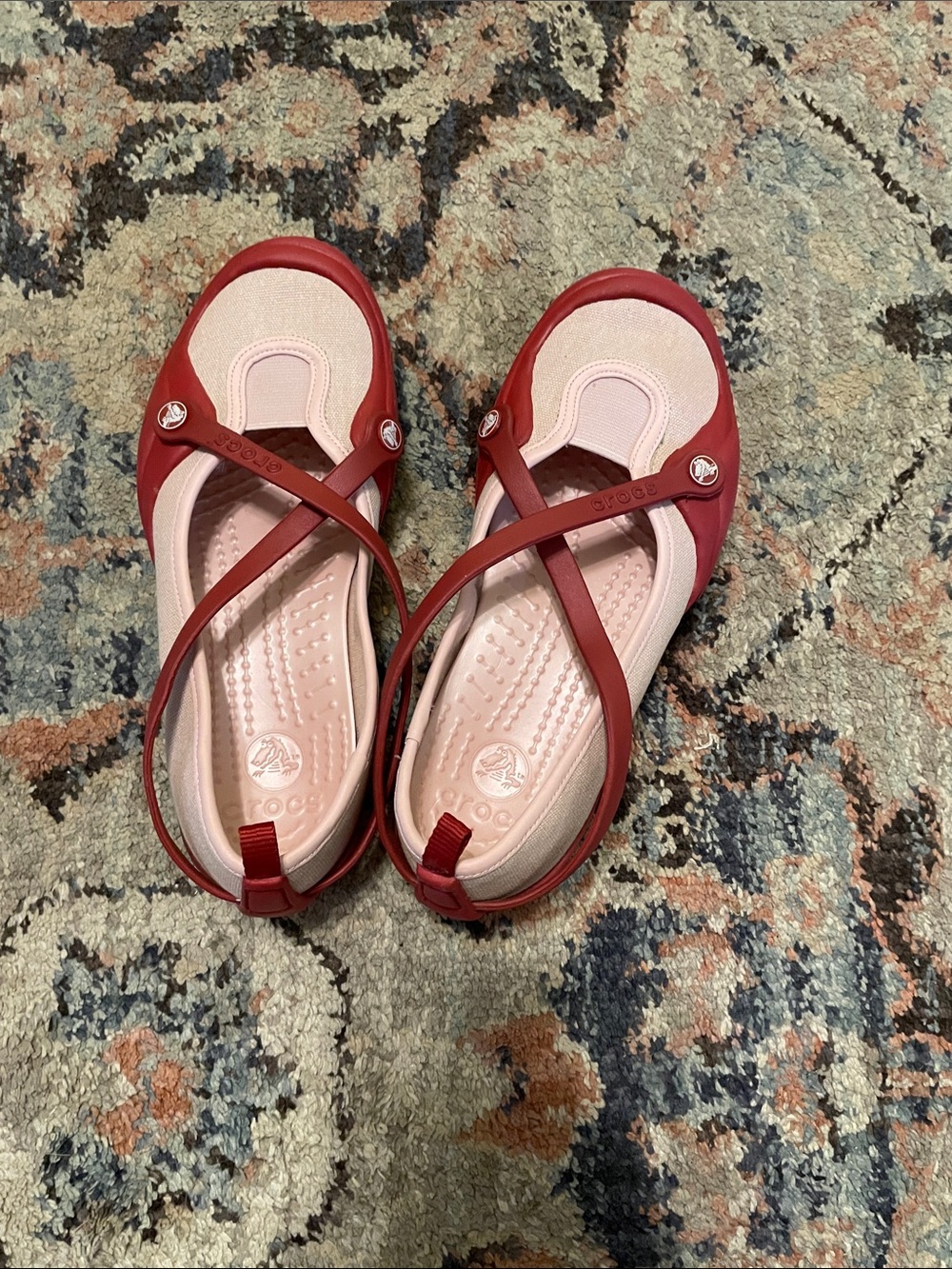 CROCS Crossover Mary Jane Flats in Red and Light Pink
